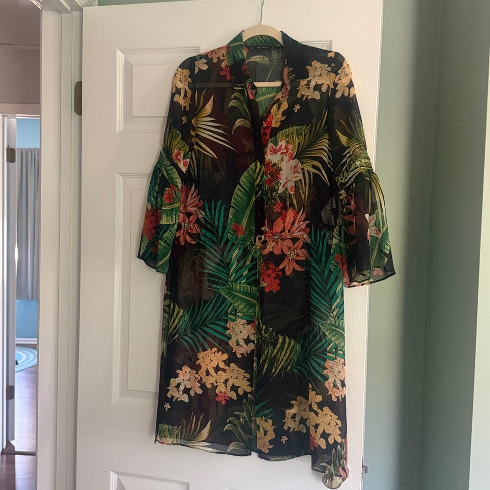 Zara Sheer Tropical Floral Maxi Dress - Black, Green, Orange, Cream